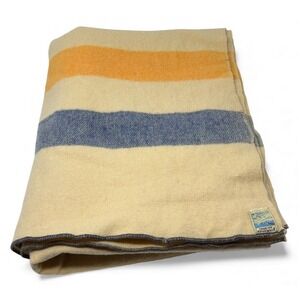 Vintage Faribault Faribo All Wool Blanket 64x78 Cream Stripe Hudson Bay Style